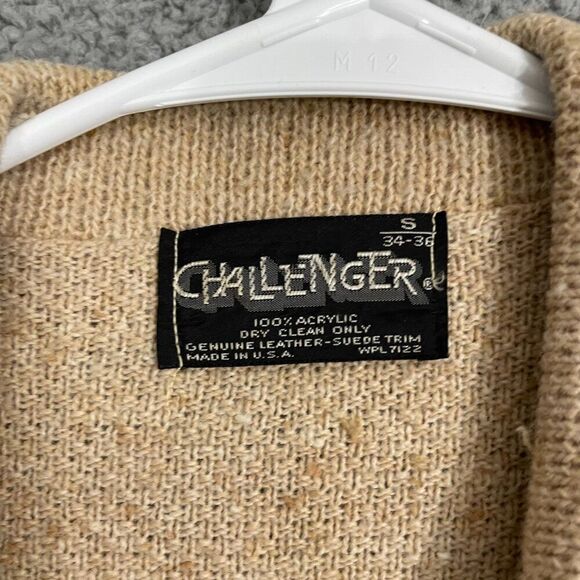 Vintage 60s Challenger Sweater Men S Tan Leather Trim Knit Full Zip - Picture 5 of 10